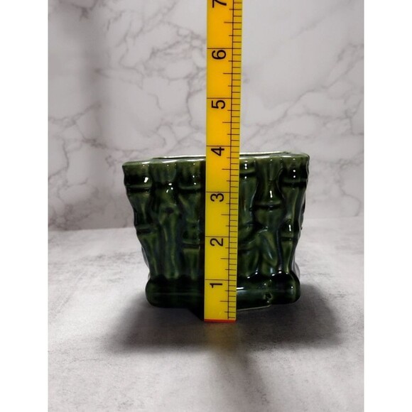 VTG Green 3D Bamboo Footed Planter Vase Bowl Glazed MCM Decor 3.75” x 4” Square - Picture 4 of 5